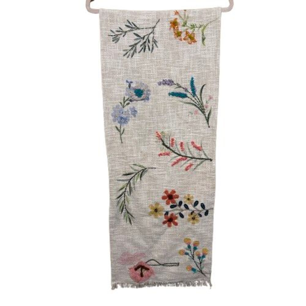 NWT Creative Co-Op Table Runner 72"x14" Cotton Slub Boho 3D Embroidered Floral